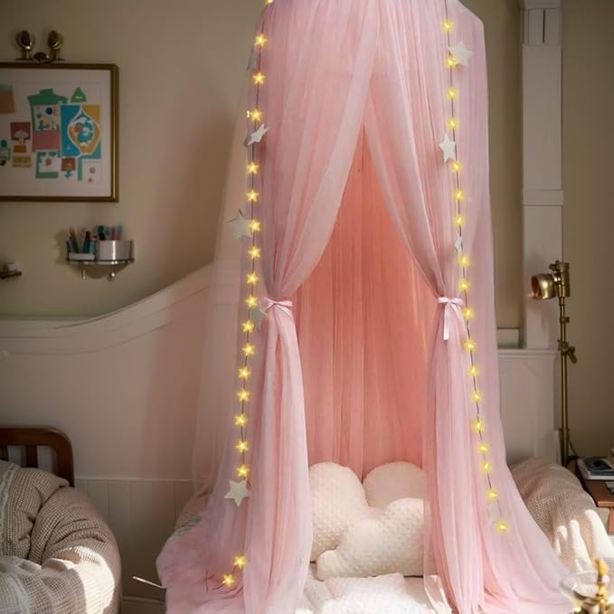 Bed Canopy Mosquito Net with Star Lights，Princess Play Canopy for Girls Room - Dome Net Curtains for Baby Game Dream Castle, Girls Room Decor, Pink