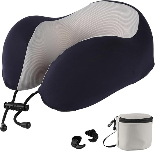Travel Neck Pillow, Curved Ergonomic Design, Ice Silk Fabric is Comfortable and Breathable, The Pillowcase is Removable. Comes with Portable Storage Bag and Ear Plugs (Blue)