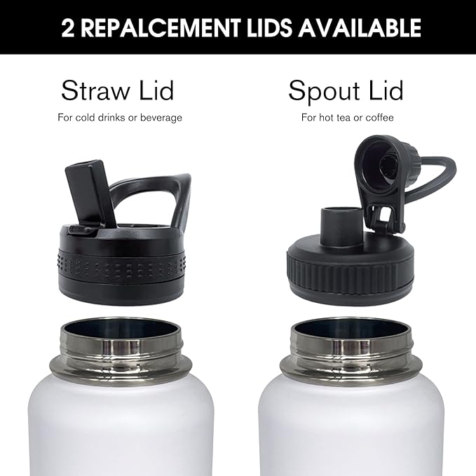 4pack 32 oz Insulated Water Bottle With Straw, Stainless Steel Sports Water Cup Flask with 2 Lids, Wide Mouth Travel Thermal Mug,Black white