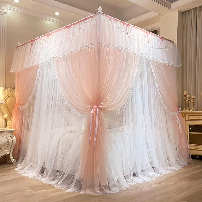Mengersi Canopy Bed Curtains with Lights,4 Corner Bed Canopy Royal Luxurious Bed Drapes Netting,Princess Bed Curtains for Girls Adults Bedroom Decoration (Peach, California King)