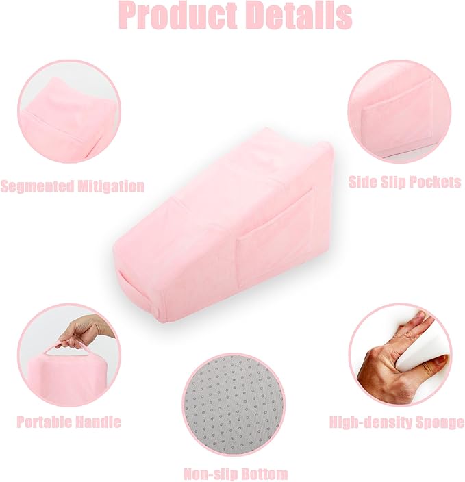 Sexysamba Arm Pillow Arm Elevation Pillow with 5 Pockets for Post Surgery Support Pillow for Elbow Arm Rest Wedge Pillow Shoulder Surgery Pillow with Removable Non-Slip Bottom Pillow Case - Pink