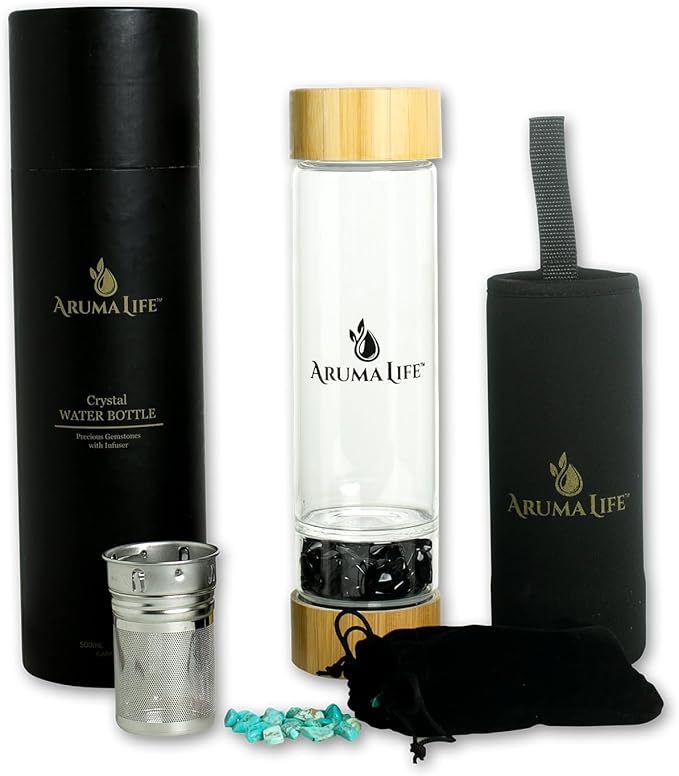 Crystal Water Bottle with a Loose-Leaf Tea or Fruit Infuser, Safe for Hot and Cold Drinks, Eco-friendly & Plus BONUS Protective Sleeve & Extra Set of Crystals (Obsidian & Turquoise)