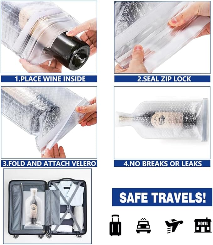 6 PCS Reusable Wine Bottle Travel Protector Bags for Airplane, Resealable Wine Sleeves Skins for Travel, Wine Carrier for Suitcase, Wine Shipping Box Packaging for Air Travel Luggage Accessories