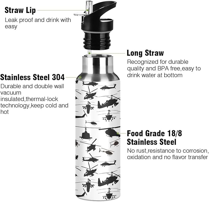 Helicopter Stainless Steel Water Bottle with Straw Lid - 20 Oz Sports Insulated Water Bottle Thermos for Sport Gym Outdoor Travel School