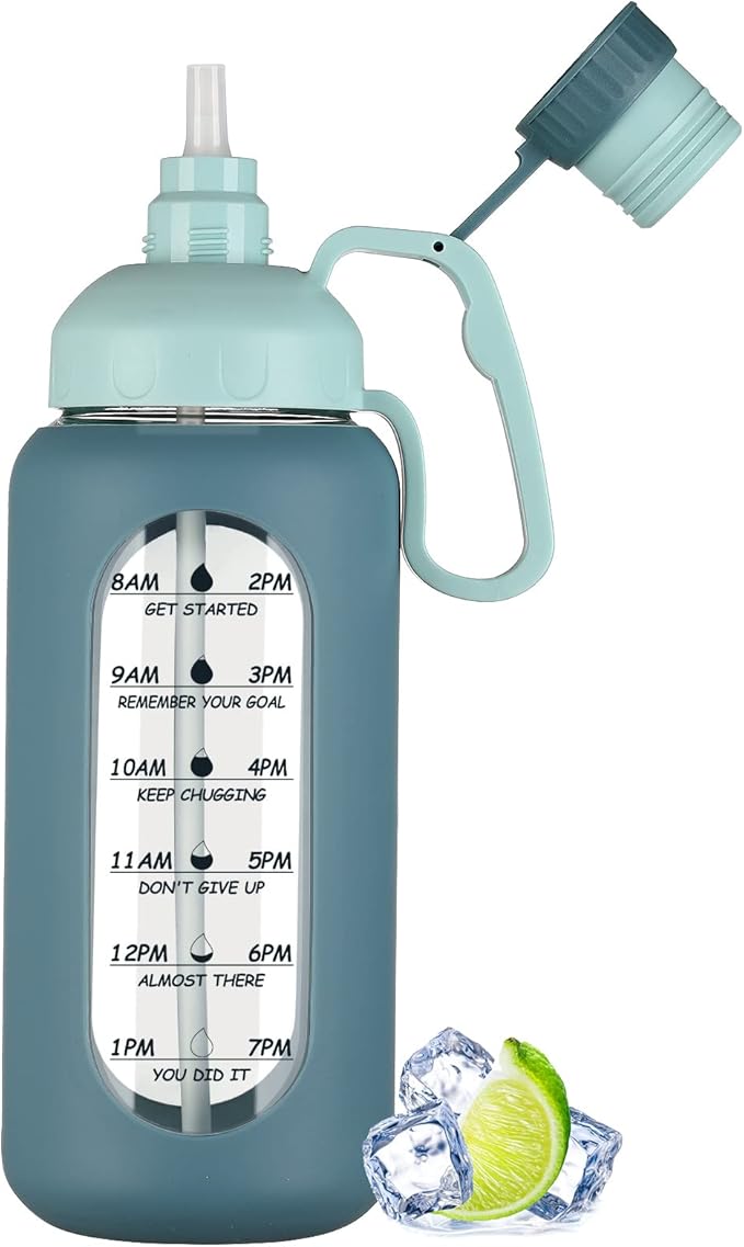 MUKOKO 64oz Glass Water Bottles with Straw, Half Gallon Water Bottle with Time Marker, Motivational Water Bottle with Silicone Sleeves,Large Glass Water Bottle for Gym,Working,Outdoor,Blue