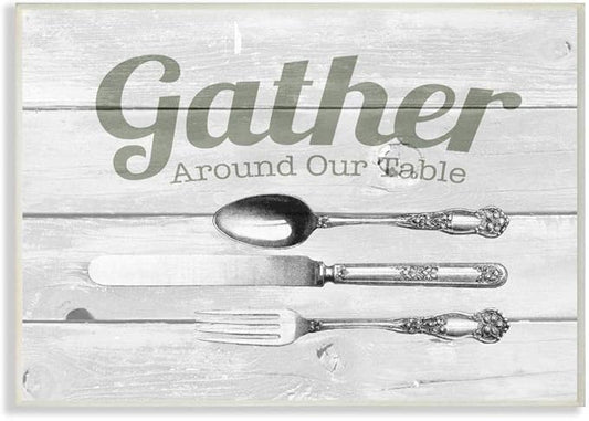 Stupell Industries Gather Silverware Kitchen Wood Texture Word, Design by The Saturday Evening Post Art, 13 x 19, Wall Plaque