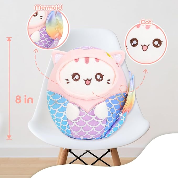 Cute Plush Mermaid Cat Stuffed Animal Pillow, 8" Soft Kawaii Kitten Plushie with Mermaid Outfit Gift for Kids