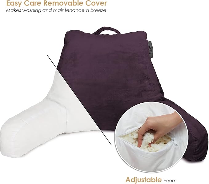 Nestl Reading Pillow Standard Bed Pillow, Back Pillow for Sitting in Bed Shredded Memory Foam Chair Pillow, Reading & Bed Rest Pillows Purple Back Pillow for Bed, Bed Chair Arm Pillow with Pockets
