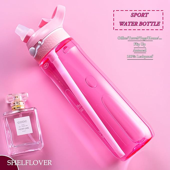 SHELFLOVER Pink Water Bottle With Narrow Straw, BPA FREE Clear Bottles With Handle One Hand Use Easy Carried, Flip Up, Suit School, Office, Gym, Office For Women 24oz (750ml)