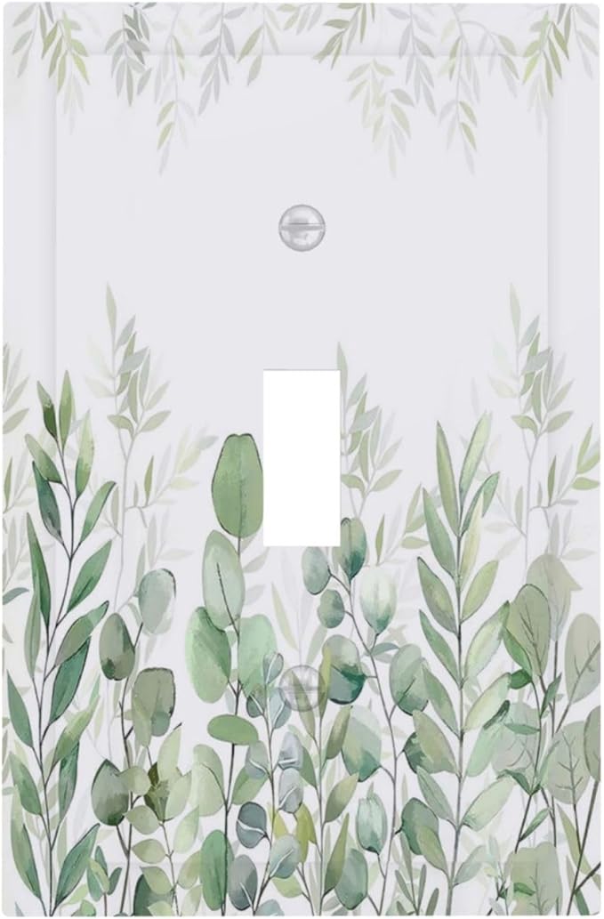Green Eucalyptus Rustic Botanical Plant Leaves 1 Gang Boho Light Switch Covers Decorative Single Toggle Wall Plate Switchcover Electrical Switchplate for Country Bathroom Bedroom Decor
