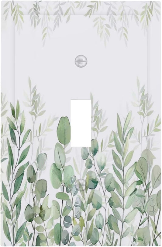Green Eucalyptus Rustic Botanical Plant Leaves 1 Gang Boho Light Switch Covers Decorative Single Toggle Wall Plate Switchcover Electrical Switchplate for Country Bathroom Bedroom Decor
