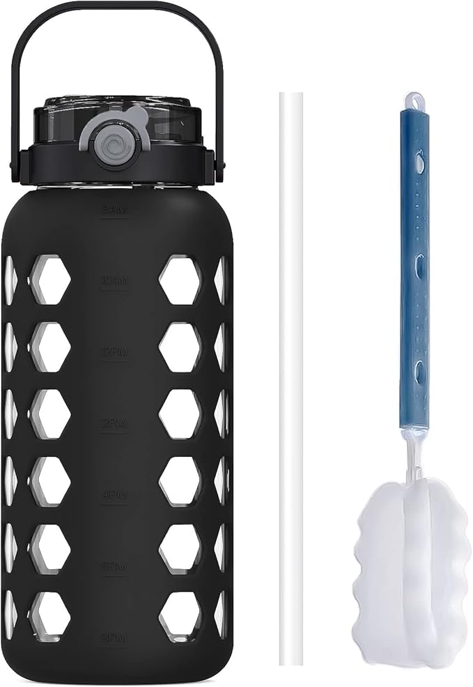 MUKOKO Half Gallon/64 oz Glass Water Bottles with Straw and Lid,Motivational Water Jug with Time Marker Reminder and Silicone Sleeve,100% Leakproof BPA Free Fitness Sports Large Bottle-Black