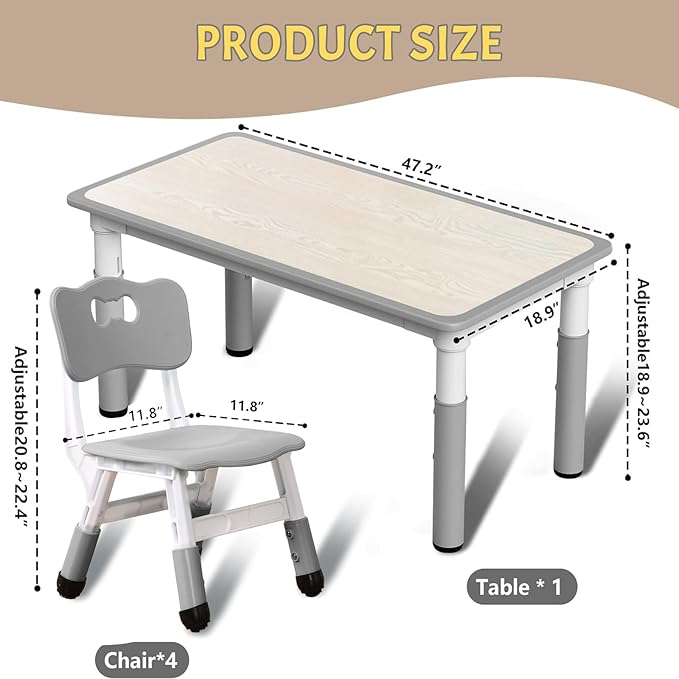 Kids Table and 6 Chair Set - Height Adjustable, Multifunctional Desk, Ergonomically Designed Chairs, Max 300lbs, for Ages 2-10, Classroom, Daycares, Home