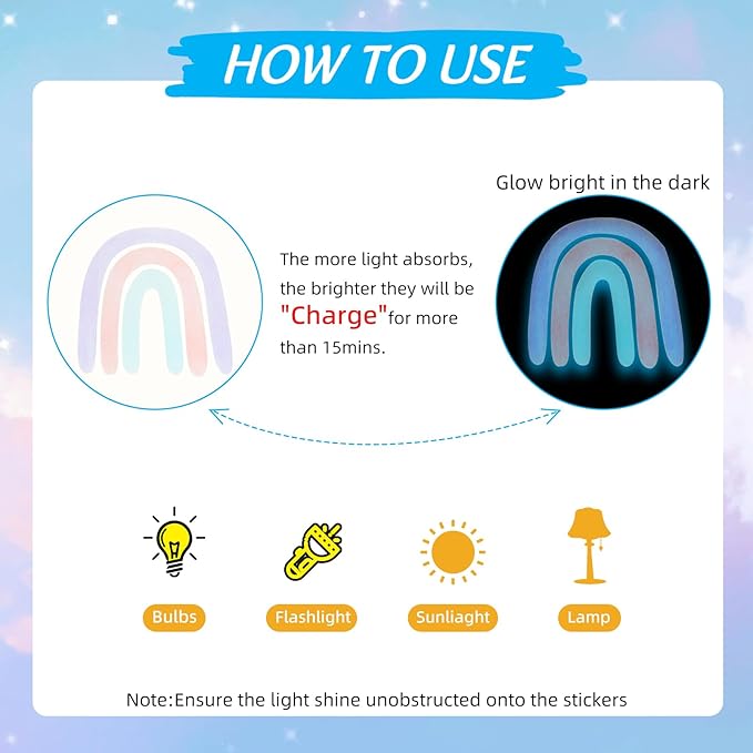 NICENEEDED 4 Sheets Glow in The Dark Rainbow Wall Decal, Glowing Luminous Small Rainbow Wall Stickers, Removable Self-Adhesive Ceiling Sticker Decals for Bedroom Decoration