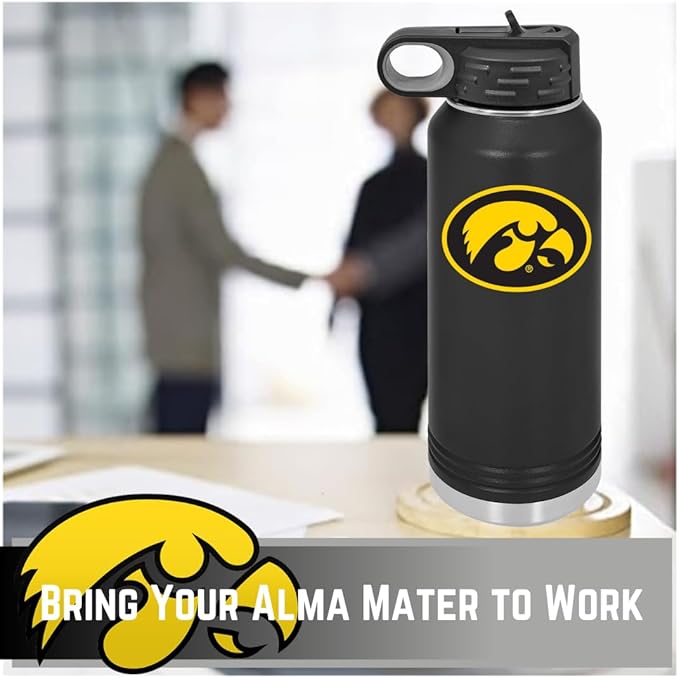 Game Day Outfitters University of Iowa 32oz Stainless Steel Double Walled Black Beverage Bottle with Flip Straw Spout - College Gear for Playoff Season – Show your Hawkeye Pride