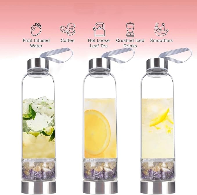Crystal Glass Water Bottle Natural Crystal Energy Bottle with Changeable Natural Crystal Stons for Healing and Wellness Gem Elixir Infused Glass Water Bottle