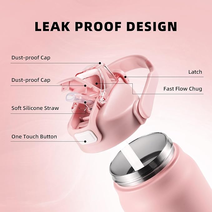 ColorSub 50oz Insulated Water Bottle With 2-in-1 Straw and Chug Leakproof Lid, BPA Free Stainless Steel Wide Mouth Sports Water Cup Flask Pink