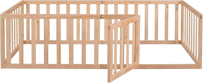 Twin Size Floor Bedframe with Door and Safety Guardrails Fence, Solid Wooden Toddler Montessori Platform Bed for Children Bedroom, Boys Girls, Kids Playroom