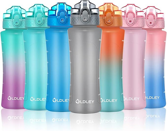 OLDLEY Kids Water Bottle with Straw 15 oz BPA-Free Leak-Proof Motivational Water Bottles with Time Marker for School Sports Travel Gym, Easy to Use for Girls Goys, 1 Straw Lid, Grey