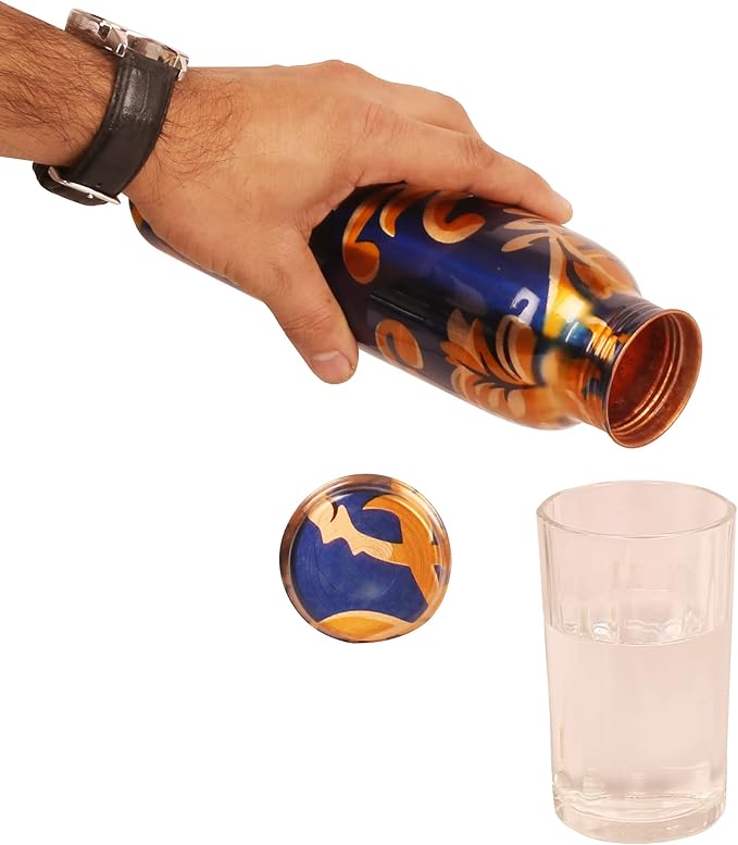 Pure Copper Water Bottle - Handcrafted - Ayurveda health benefits - Large 35 oz - Leak proof - Easy to carry for Sports, Fitness, Yoga, School - Royal Blue Base Floral Golden Vines Enamel