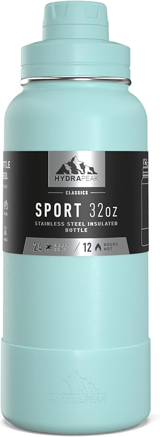 Hydrapeak 32oz Sport Insulated Water Bottle with Chug Lid, Leak & Spill Proof, Keeps Drinks Cold for 24 Hours, Hot for 12 Hours, Premium Stainless Steel Water Bottles (32oz, Alpine)