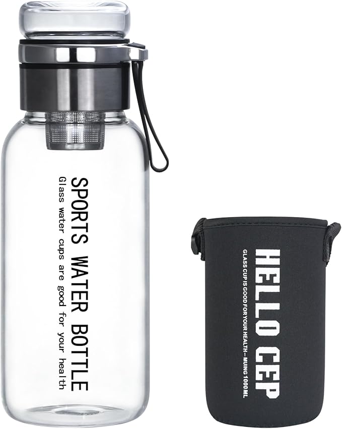 Glass Drinking Bottles,Borosilicate Sports water bottles, 34oz Capacity, With Stainless Steel Tea Strainer and Cup sleeve，Leak-Proof, BPA-Free, for Hot & Cold Beverages Tea, Juice(1PCS)