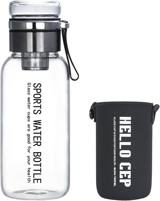 Glass Drinking Bottles,Borosilicate Sports water bottles, 34oz Capacity, With Stainless Steel Tea Strainer and Cup sleeve，Leak-Proof, BPA-Free, for Hot & Cold Beverages Tea, Juice(1PCS)