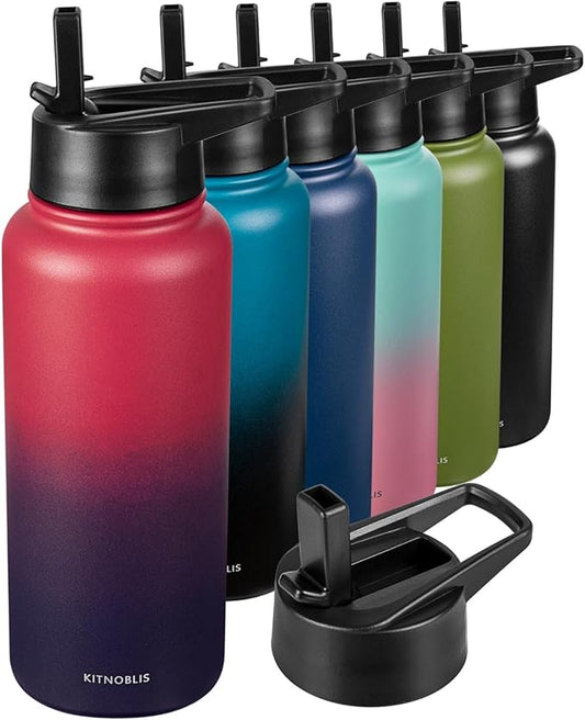 Water Bottle Insulated 32oz Straw Lid, Leak Proof, Vacuum Insulated,Stainless Steel Water Bottle Wide Mouth for Sports, Gym, BPA-Free Keep Cold 24H Hot 12H (Red Purple)