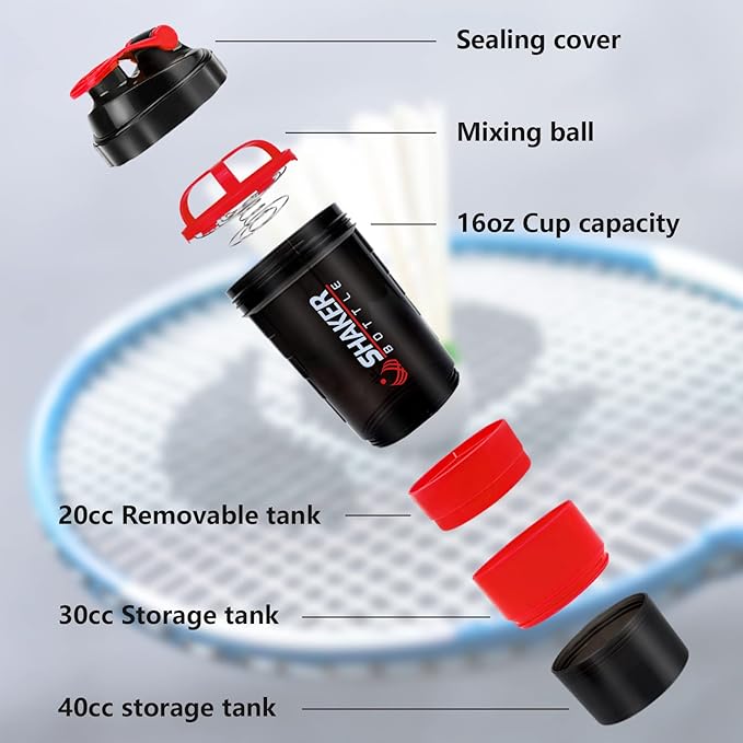Shaker Bottle,16oz Protein Shaker Bottles with Mixing Ball, 3 in 1 Leak-proof GYM Shake Cup with Powder Storage & Pill Tray, Ideal for Workout,BPA Free（Red）