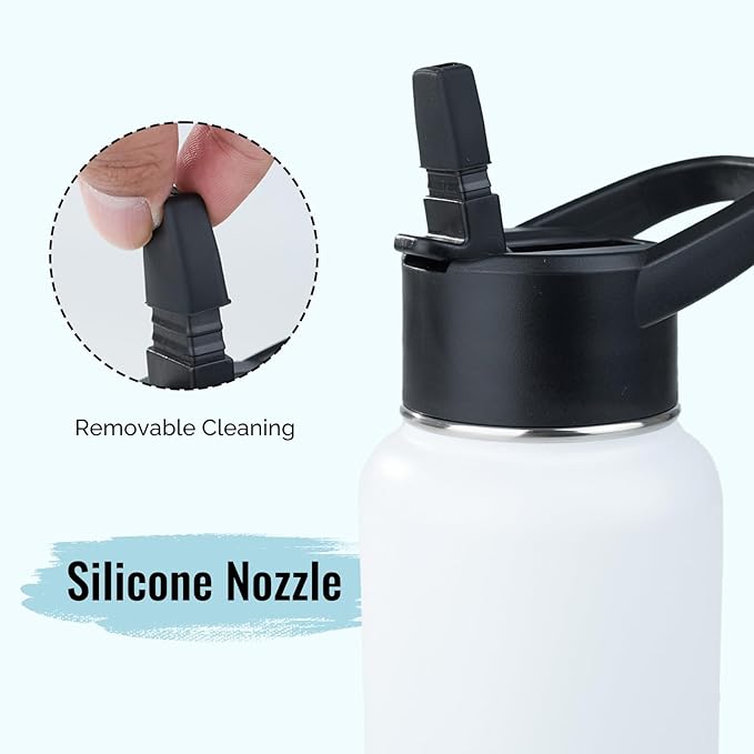 Stainless Steel Water bottle with Straw & Wide Mouth Lid, Wide Rotating Handle, 32oz Double Wall Vacuum Insulated Water Bottle Leak Proof, BPA Free, Keep Cold and Hot, 32oz, White