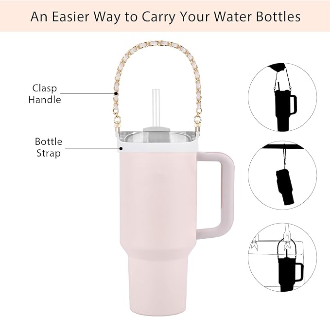 Water Bottle Handle, Silicone Water Bottle Sling Stretches to Fit Most 8-40oz Bottles, Fashionable Accessories Compatible for Stanley Cup White