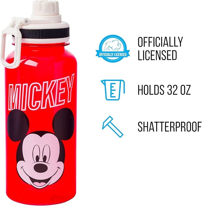 Silver Buffalo Disney Mickey Classic Varsity Twist Spout Plastic Water Bottle with Stickers You Stick Yourself, Red, 32 Ounces