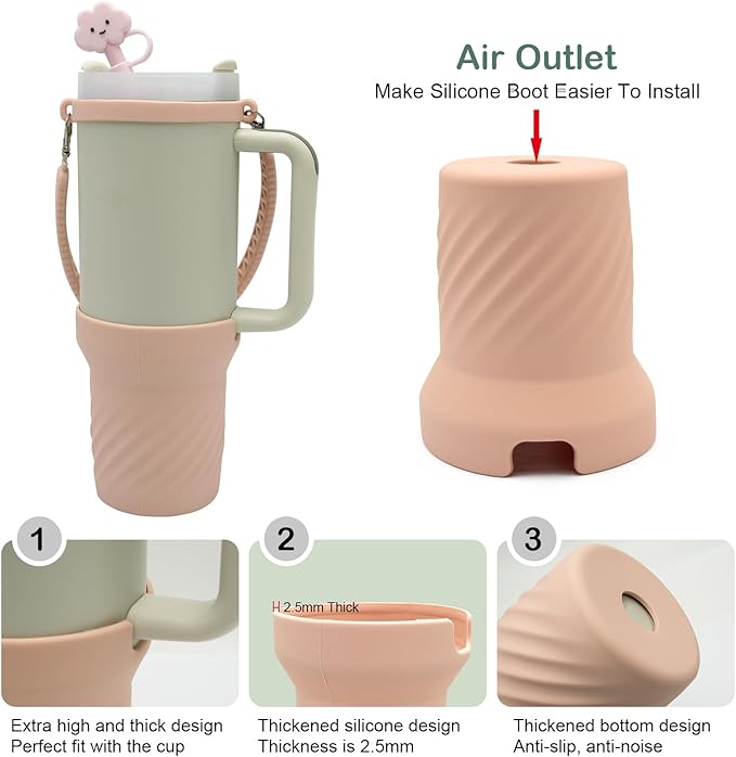 Accessories Set for Stanley 40oz including 6PCS Silicone Spill Proof Stopper 1PCS Straw Cover 1 PCS Siliconce Boot Sleevec 1 PCS Silicone Water Bottle Handle Strap 1PCS Straw & Cleaning Brush