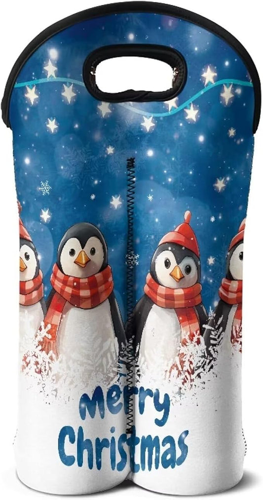 doginthehole Merry Christmas Wine Carrier Tote Bag for 2 Bottles Cute Penguin Neoprene Wine Bottle Holder with Carry Handle, Wine Protective Bag Beer Cans Water Bottle Holder for Travel Picnic
