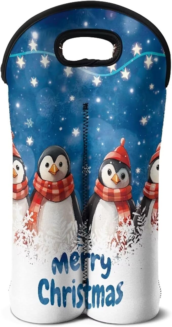 doginthehole Merry Christmas Wine Carrier Tote Bag for 2 Bottles Cute Penguin Neoprene Wine Bottle Holder with Carry Handle, Wine Protective Bag Beer Cans Water Bottle Holder for Travel Picnic