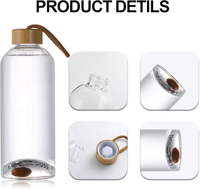 Crazy Music 32 oz Clear Glass Water Bottles,Reusable Glass Juicing Bottles with Stainless Steel Leak Proof Lids -16 oz Sports Water Bottle with Time Marker for Gym, Sports, Outdoors(32 Oz Gold