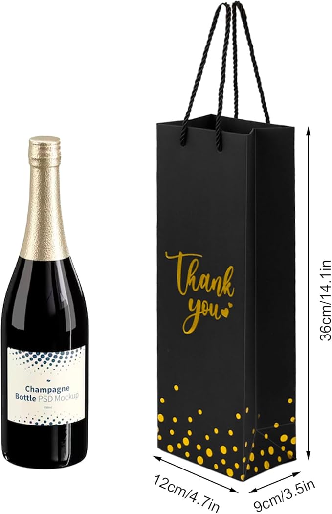 Ssyuysto 12 Pcs Wine Gift Bags for Wine Bottles Elegant Thank You Wine Gift Bags with Metallic Gold Foil Print Kraft Wine Gift Bags with Attractive Rope Handles for Wedding Bottle (Black)