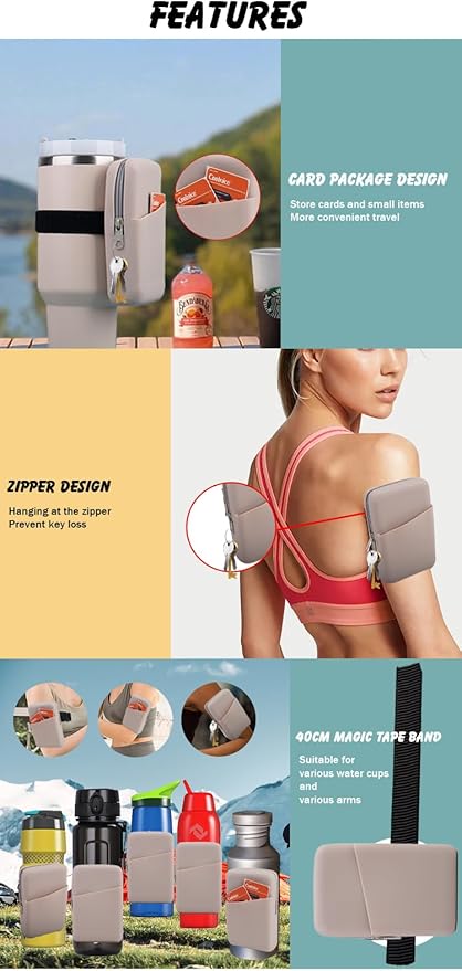 Water Bottle Pouch Silicone Gym Tumbler Accessories for Stanley Quencher Stanley IceFlow Simple Modern tumbler20 oz 30 oz 40 oz, with Pocket for Storage for Phone, Card, Key, Wallet (Khaki)