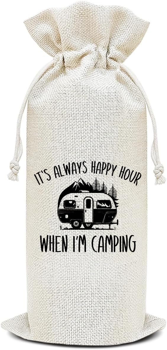 Wine Canvas Bag, Camper Gifts Wine Gift Bag, Camping Gift for Women Men Camper Friend Vacation Gifts Wine Bags for Wine Bottles, Wine Champagne Gifts With Drawstring Outdoor Party Decoration -WB11