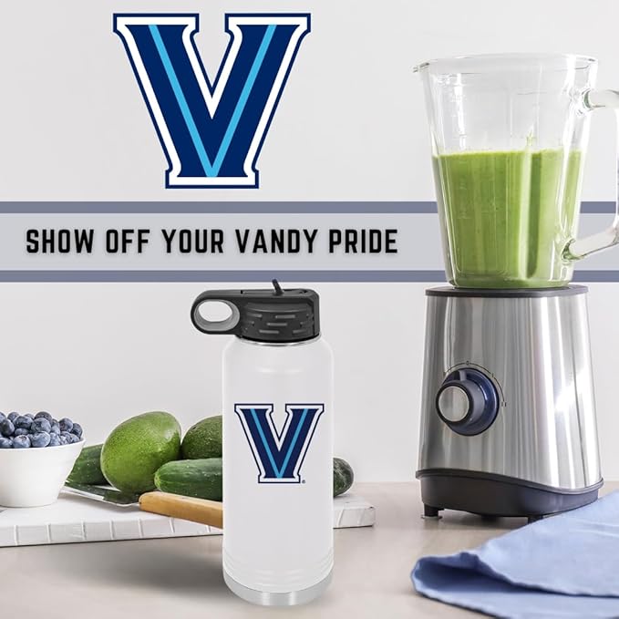 Villanova University Wildcats 32oz Stainless Steel Double Walled White Beverage Bottle with Flip Straw Spout - College Gear for Playoff Season – For Office, Home or Auto – Show your Wildcat Pride