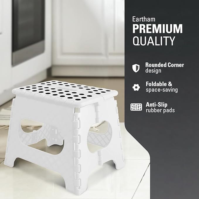 Compact 11" Folding Step Stool - Lightweight, Durable & Sturdy - Non-Slip Feet for Safety - Perfect for Kitchen, Bathroom, Kids - Supports Up to 300 Lbs - White - Easy to Store and Use