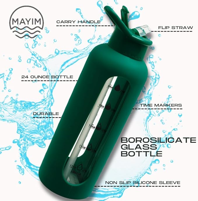 Mayim 24 Oz Glass Tumbler with Straw and Handle, Reusable Motivational Glass Water Bottle with Silicone Sleeve and Time Marker, Leak Proof Borosilicate Water Bottle -Kelly Green