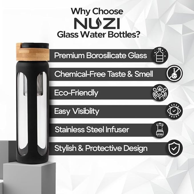 NUZI Glass Water Bottles 18 oz with Stainless Steel Fruit Infuser | Insulated Water Bottle | Reusable Glass Water Bottles with Silicone Sleeve & Bamboo Lid | BPA Free and Leakproof | Black | 1 Pc