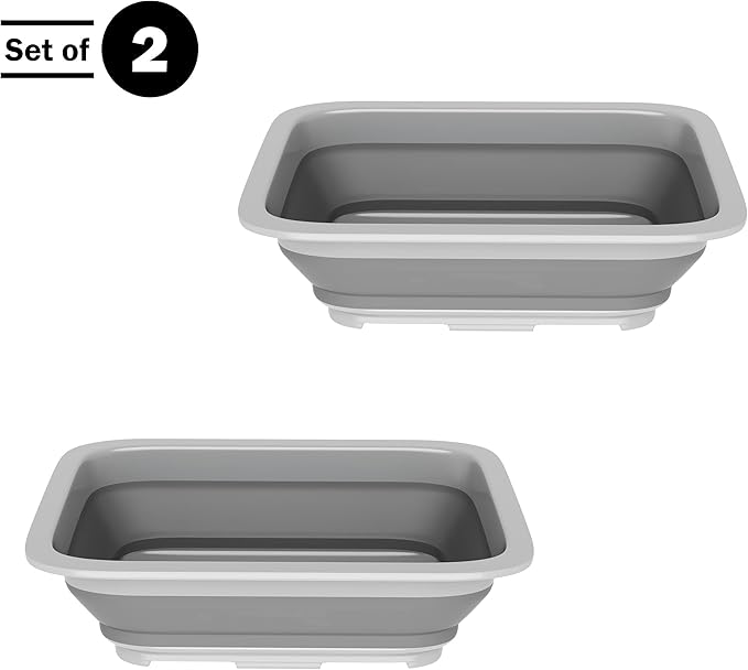 Set of 2 Multipurpose Wash Bins – 10-Liter Basins for Camping, Parties, or Cleaning – Collapsible Bucket Set by Wakeman (Gray)