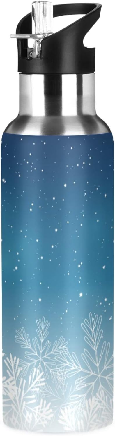 Blue Christmas Snowflake Sports Water Bottle, 22 Oz BPA Free Non-Toxic Stainless Steel Water Bottle with Straw for Gym Yoga Fitness Camping