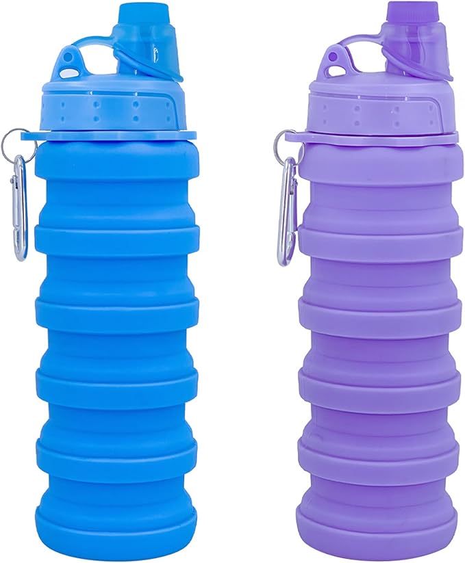 Collapsible Water Bottles Two Pack Travel Sports Portable Sport Water Bottle comes with mountaineering Buckle 500ml silicone Water-proof camping water bottle (Blue and Pueple Color)