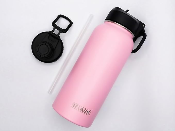 Sport Travel Outdoor Water Bottle with Spout and Straw Lids | Leak Proof | Insulated Stainless Steel Double Walled | BPA and Sweat free | Hot & Cold | For Kids Men & Women (Pink, 32 oz)
