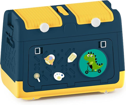 Toy Box Chest with Lid, Dinosaur Collapsible Storage Organizer for Kids Boys Girls, Plastic Stackable Toddler Toy Bins with Double Door Lid (Blue)