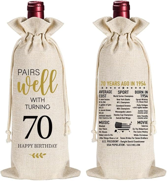 Qubereeree 70th Birthday Gifts for Women Men Funny 70 Year Ago in 1954 Birthday Party Decorations Wine Bags for Mom Dad Grandma Coworker, 70 Year Old Birthday Gifts Vintage 1954 Wine Bag-4