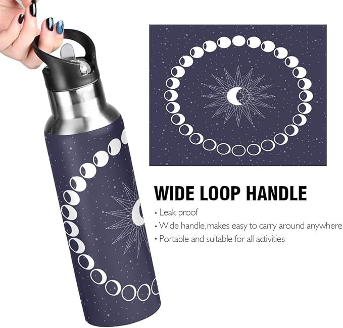 Moon Phases Circle Water Bottle with Straw Lid for Fitness Gym Camping Outdoor Sports, Wide Mouth Vacuum Insulated 18/8 Stainless Steel, 22 oz